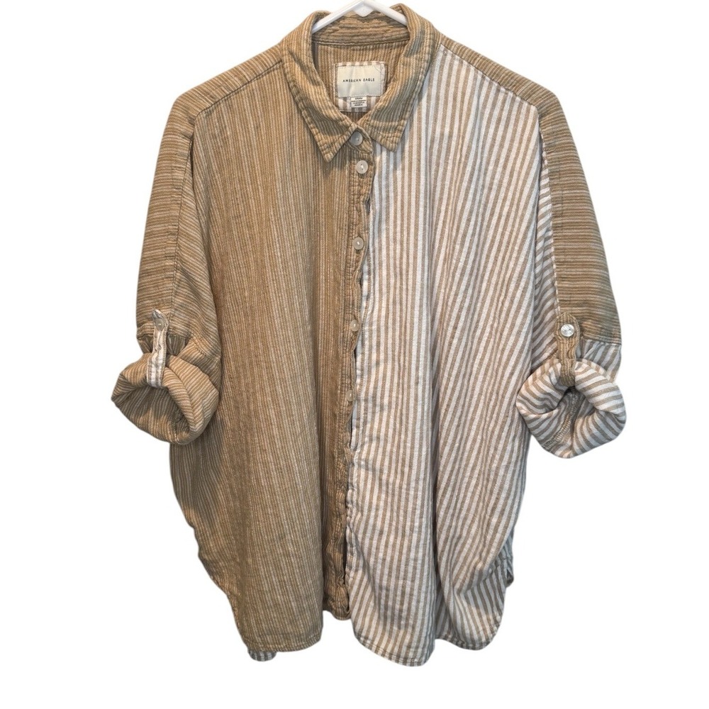 American Eagle Womens Tan Striped Button Down Linen Blend Roll Tab Top M